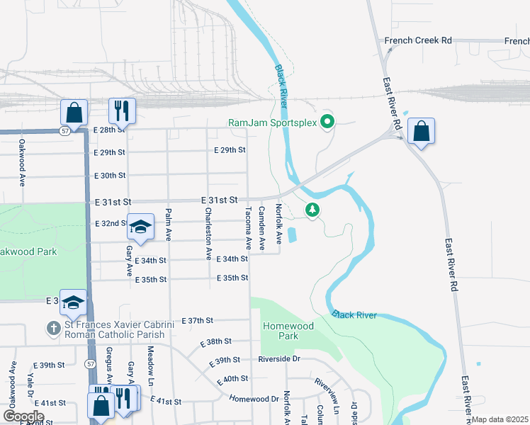 map of restaurants, bars, coffee shops, grocery stores, and more near 3135 Camden Avenue in Lorain