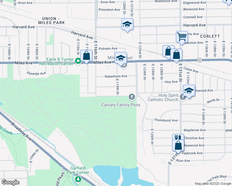 map of restaurants, bars, coffee shops, grocery stores, and more near 4316 East 119th Street in Cleveland
