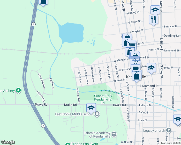 map of restaurants, bars, coffee shops, grocery stores, and more near 618 W Williams St in Kendallville