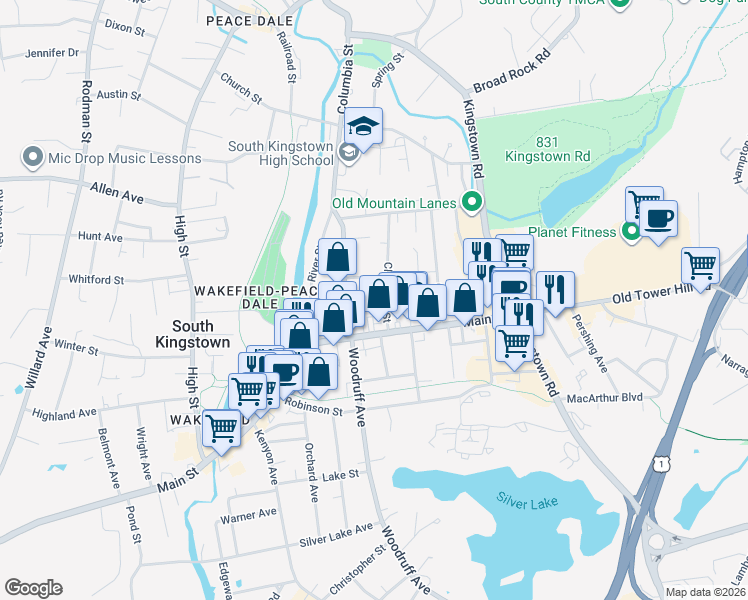 map of restaurants, bars, coffee shops, grocery stores, and more near 12 Hendricks Street in South Kingstown