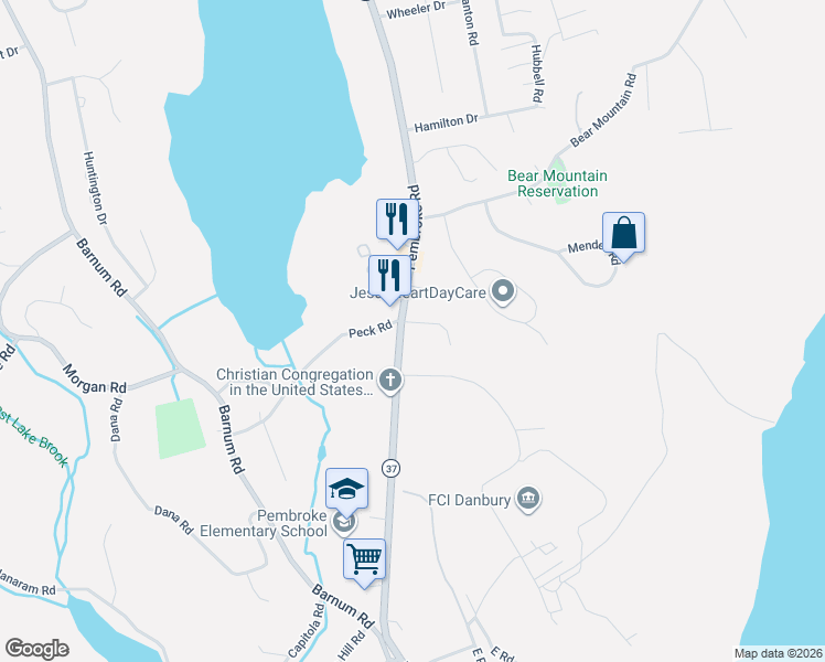 map of restaurants, bars, coffee shops, grocery stores, and more near 1 Kevin Drive in Danbury