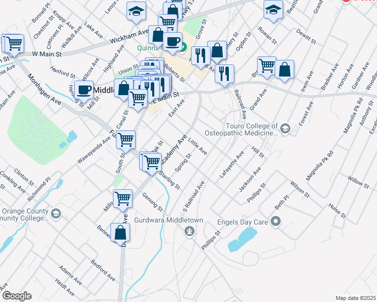 map of restaurants, bars, coffee shops, grocery stores, and more near 9 Spring St in Middletown