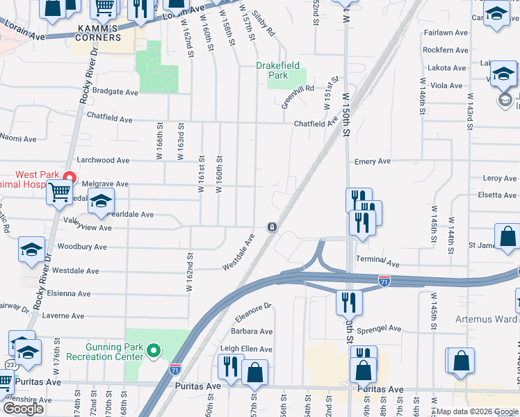 map of restaurants, bars, coffee shops, grocery stores, and more near 4137 West 157th Street in Cleveland