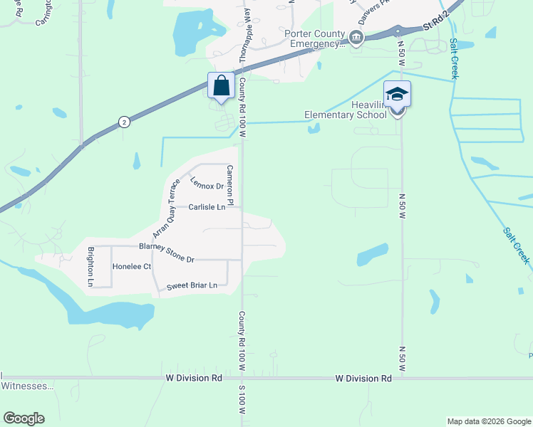 map of restaurants, bars, coffee shops, grocery stores, and more near 2955 County Road 100 West in Valparaiso