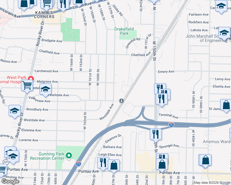 map of restaurants, bars, coffee shops, grocery stores, and more near 4137 West 157th Street in Cleveland