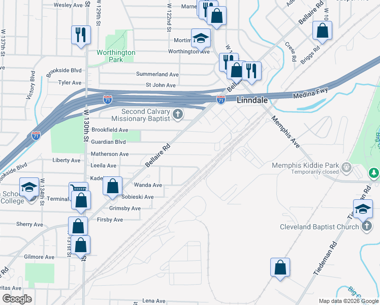 map of restaurants, bars, coffee shops, grocery stores, and more near 11908 Matherson Avenue in Cleveland
