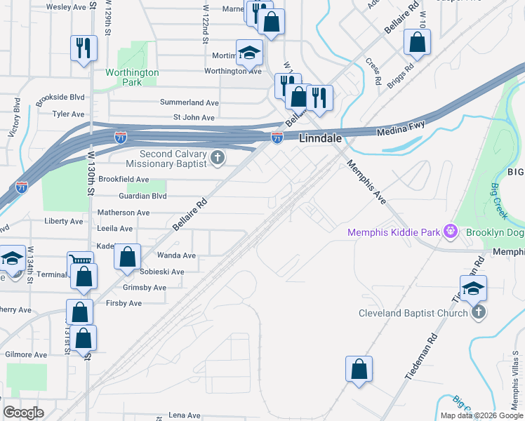 map of restaurants, bars, coffee shops, grocery stores, and more near 11704 Matherson Avenue in Cleveland