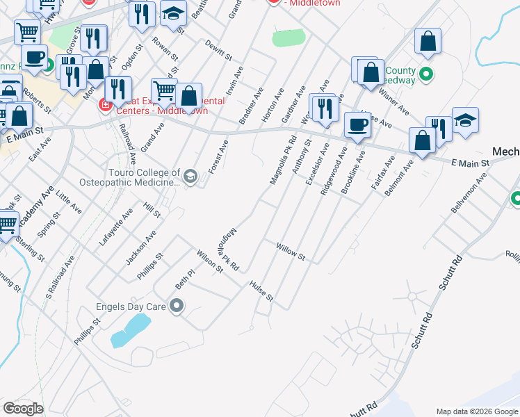 map of restaurants, bars, coffee shops, grocery stores, and more near 68 Magnolia Park Road in Middletown