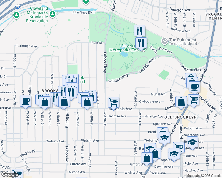 map of restaurants, bars, coffee shops, grocery stores, and more near 4211 Fulton Parkway in Cleveland