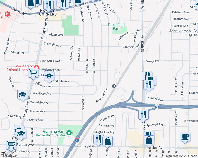 map of restaurants, bars, coffee shops, grocery stores, and more near 4136 West 158th Street in Cleveland