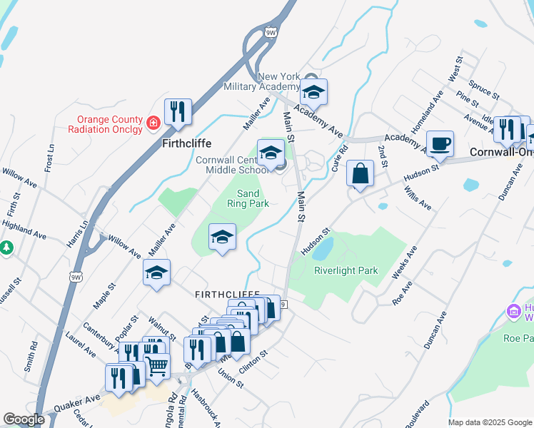 map of restaurants, bars, coffee shops, grocery stores, and more near 122 Main Street in Cornwall