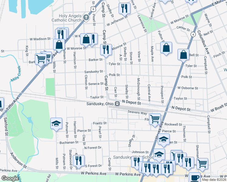 map of restaurants, bars, coffee shops, grocery stores, and more near 1515 Carr St in Sandusky