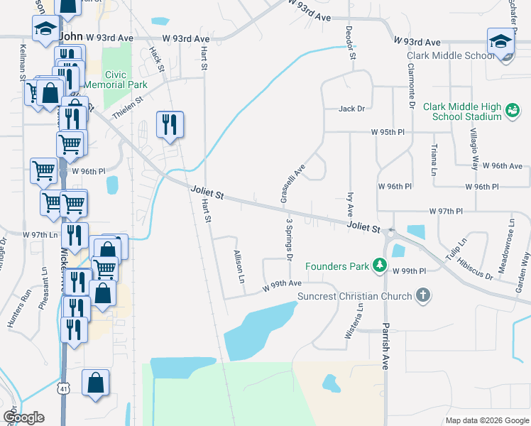 map of restaurants, bars, coffee shops, grocery stores, and more near 10137 Joliet Street in Saint John