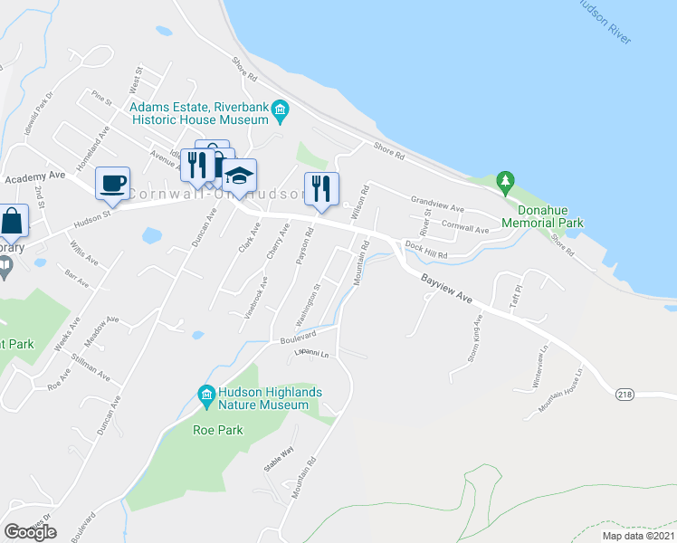 map of restaurants, bars, coffee shops, grocery stores, and more near 22 Lafayette Street in Cornwall-on-Hudson