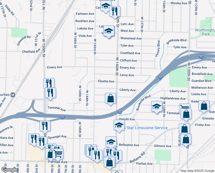 map of restaurants, bars, coffee shops, grocery stores, and more near 14108 Liberty Avenue in Cleveland