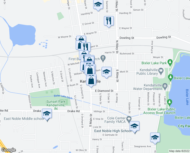 map of restaurants, bars, coffee shops, grocery stores, and more near 222 South State Street in Kendallville