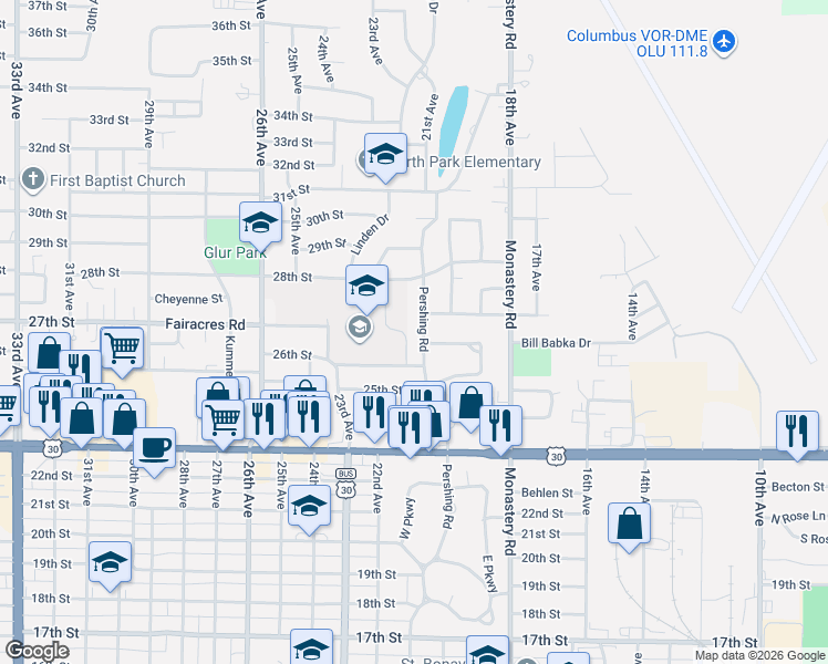 map of restaurants, bars, coffee shops, grocery stores, and more near 2666 Pershing Road in Columbus