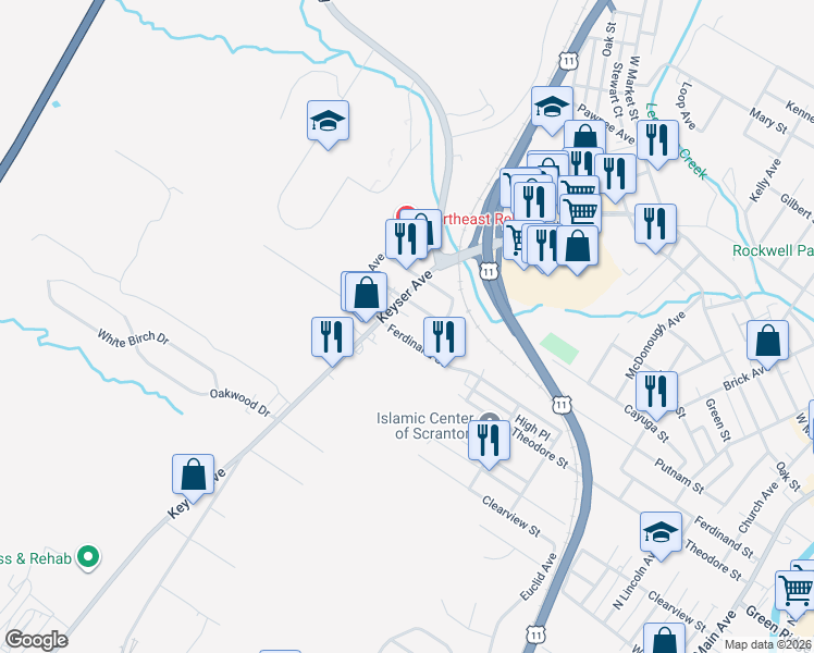 map of restaurants, bars, coffee shops, grocery stores, and more near 922 Ferdinand Street in Scranton