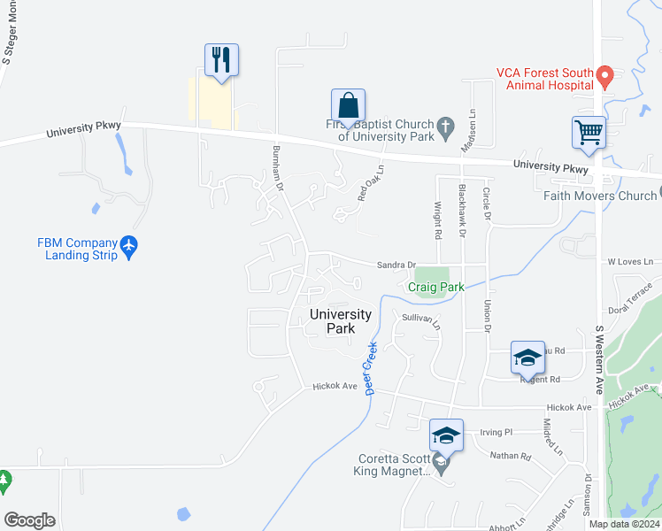 map of restaurants, bars, coffee shops, grocery stores, and more near 841 Pin Oak Lane in University Park