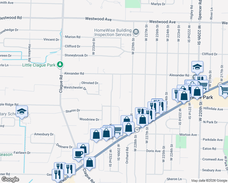 map of restaurants, bars, coffee shops, grocery stores, and more near 3171 West 231st Street in North Olmsted