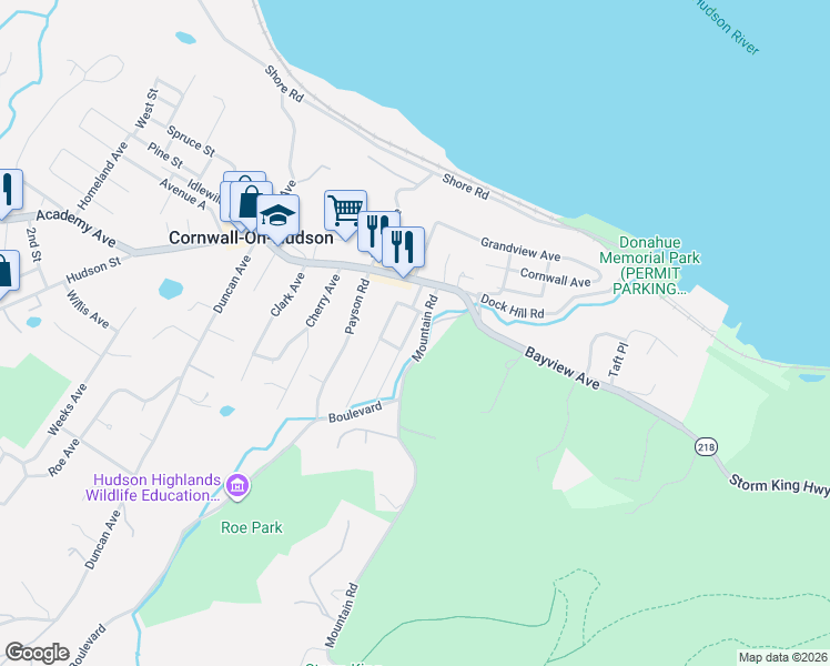map of restaurants, bars, coffee shops, grocery stores, and more near 22 Lafayette Street in Cornwall-on-Hudson