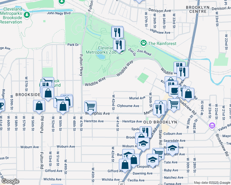 map of restaurants, bars, coffee shops, grocery stores, and more near 4101 Pensacola Avenue in Cleveland