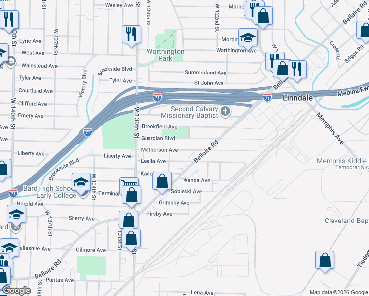map of restaurants, bars, coffee shops, grocery stores, and more near 12510 Matherson Avenue in Cleveland