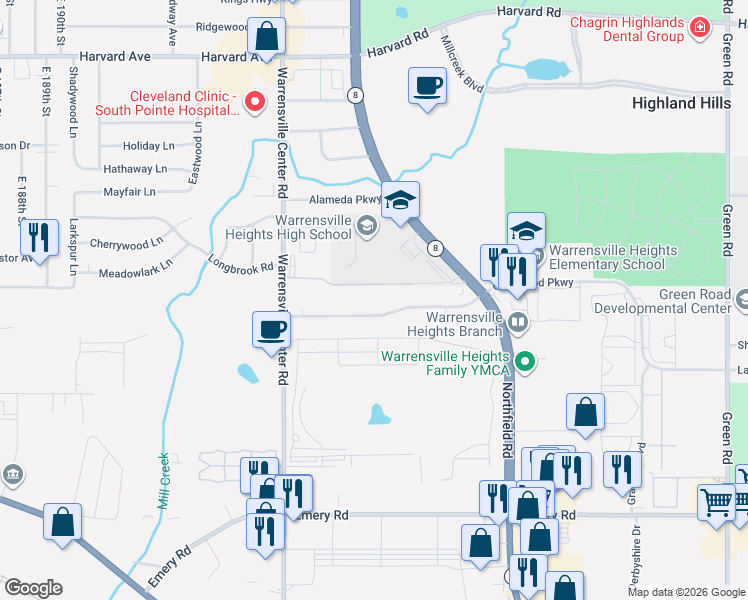 map of restaurants, bars, coffee shops, grocery stores, and more near 20763 Ellacott Parkway in Warrensville Heights
