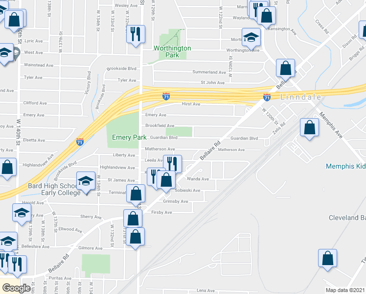 map of restaurants, bars, coffee shops, grocery stores, and more near 12600 Matherson Avenue in Cleveland