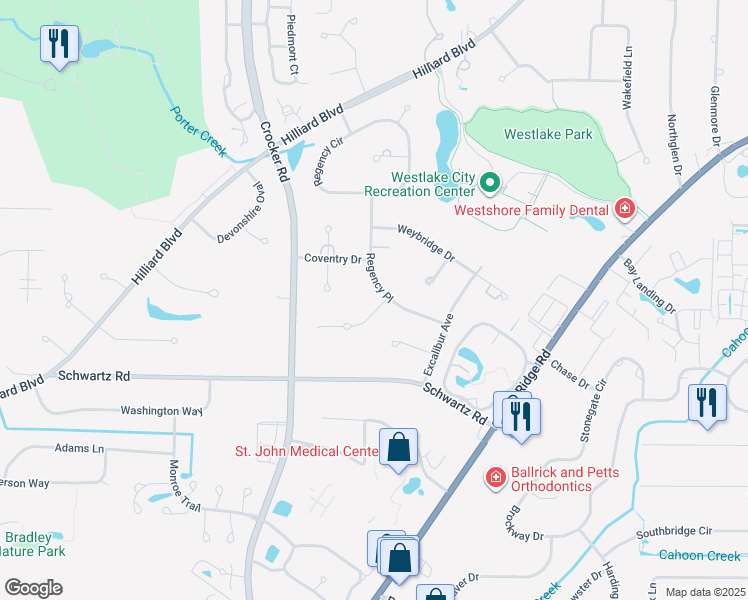 map of restaurants, bars, coffee shops, grocery stores, and more near 3162 Hampshire Place in Westlake