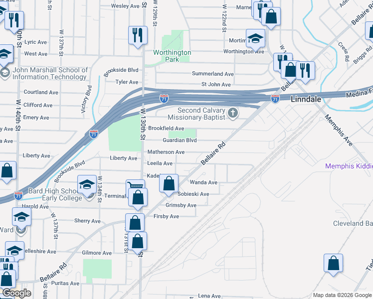 map of restaurants, bars, coffee shops, grocery stores, and more near 12600 Matherson Avenue in Cleveland