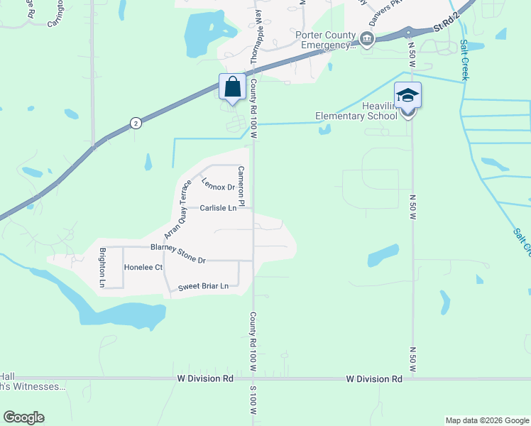 map of restaurants, bars, coffee shops, grocery stores, and more near 2955 County Road 100 West in Valparaiso
