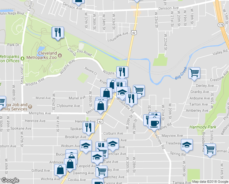 map of restaurants, bars, coffee shops, grocery stores, and more near 4162 Pearl Road in Cleveland