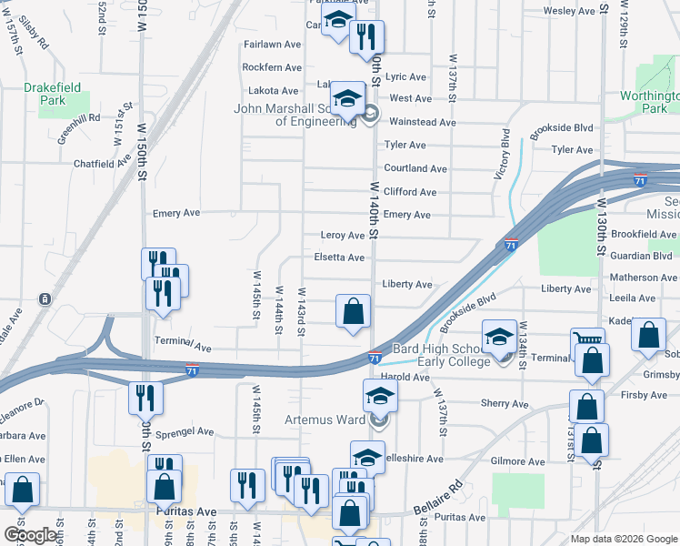 map of restaurants, bars, coffee shops, grocery stores, and more near 14108 Liberty Avenue in Cleveland