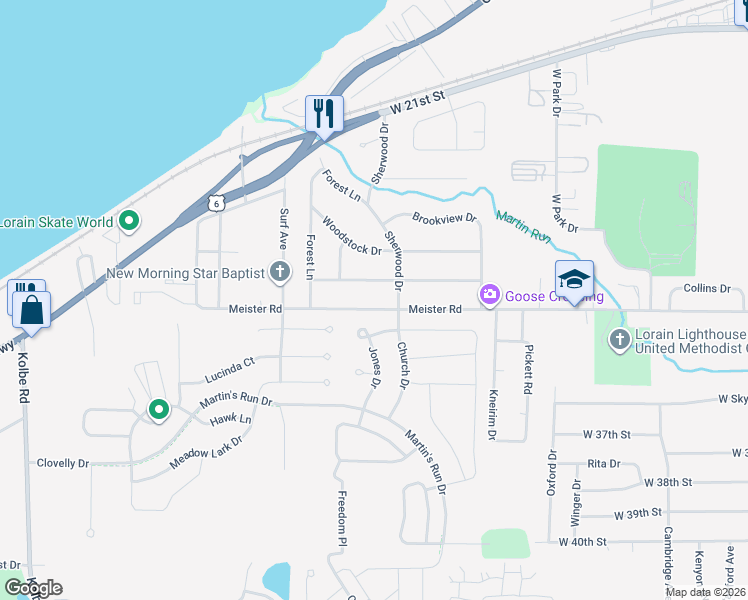 map of restaurants, bars, coffee shops, grocery stores, and more near 4104 Meister Road in Lorain