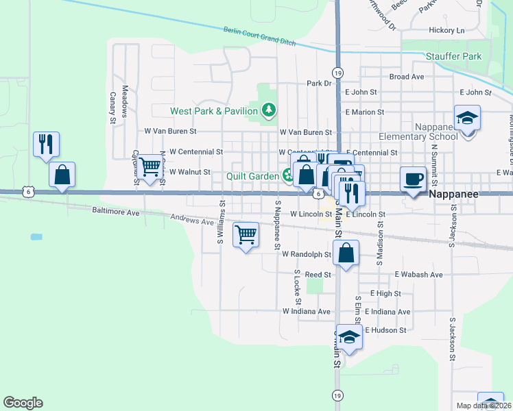 map of restaurants, bars, coffee shops, grocery stores, and more near 153 South Rosenberger Street in Nappanee