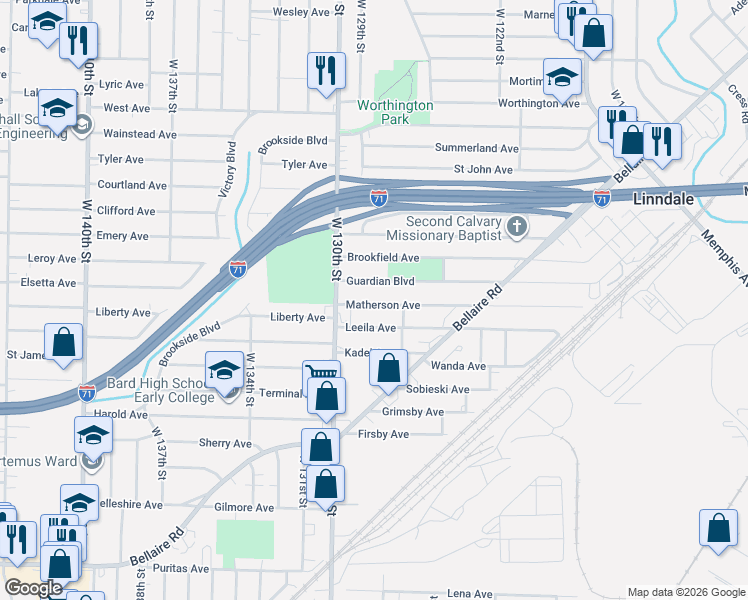 map of restaurants, bars, coffee shops, grocery stores, and more near 12810 Matherson Avenue in Cleveland