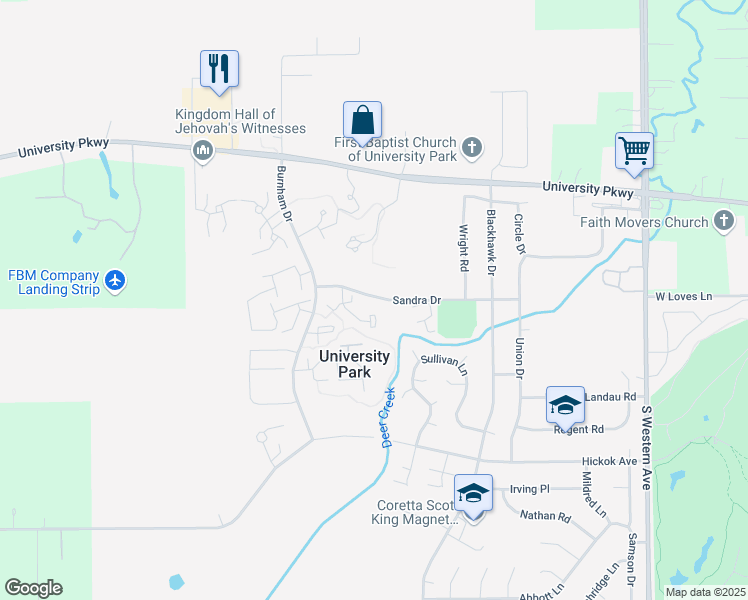 map of restaurants, bars, coffee shops, grocery stores, and more near 713 Sandra Drive in University Park