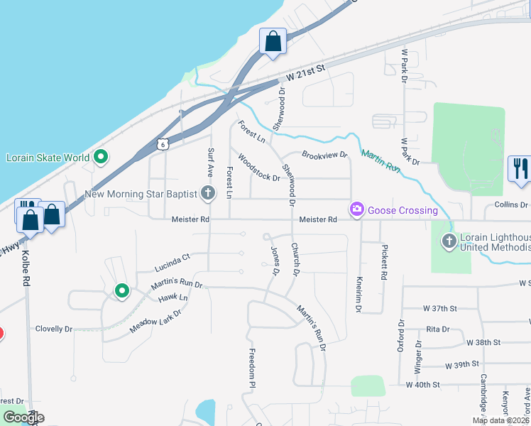 map of restaurants, bars, coffee shops, grocery stores, and more near 4104 Meister Rd in Lorain
