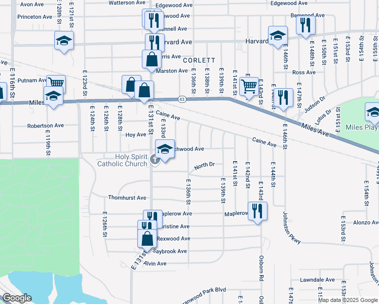 map of restaurants, bars, coffee shops, grocery stores, and more near 13602 Beachwood Avenue in Cleveland