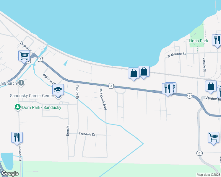 map of restaurants, bars, coffee shops, grocery stores, and more near 4108 Venice Road in Sandusky