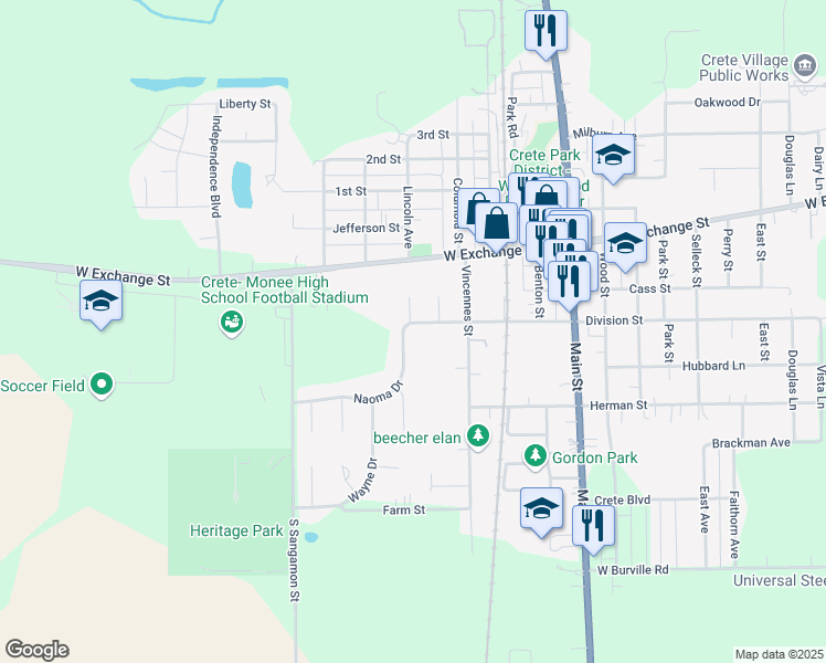 map of restaurants, bars, coffee shops, grocery stores, and more near 646 Naoma Drive in Crete