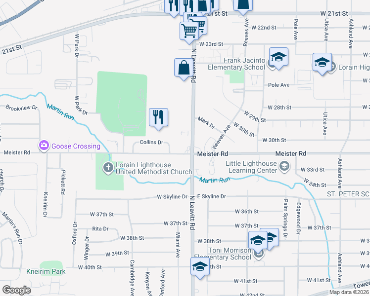 map of restaurants, bars, coffee shops, grocery stores, and more near 3054 North Leavitt Road in Lorain