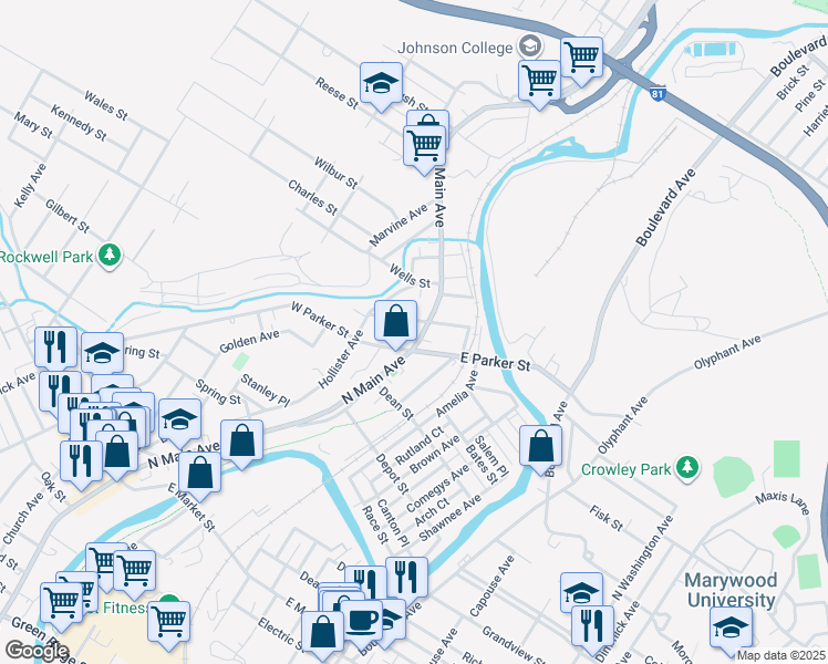 map of restaurants, bars, coffee shops, grocery stores, and more near 2514 North Main Avenue in Scranton