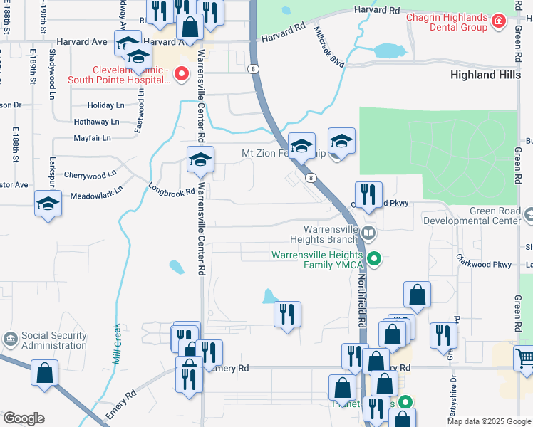 map of restaurants, bars, coffee shops, grocery stores, and more near 20763 Ellacott Parkway in Warrensville Heights