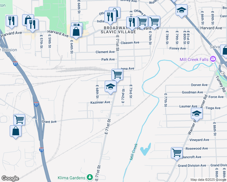 map of restaurants, bars, coffee shops, grocery stores, and more near 4293 East 71st Street in Cleveland