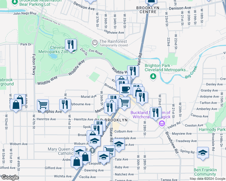 map of restaurants, bars, coffee shops, grocery stores, and more near 3441 Broadview Road in Cleveland