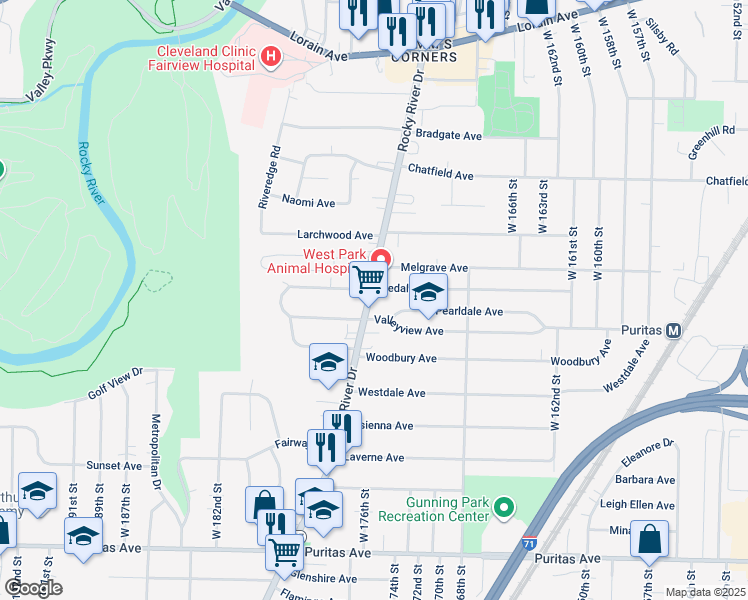 map of restaurants, bars, coffee shops, grocery stores, and more near 4153 Rocky River Drive in Cleveland