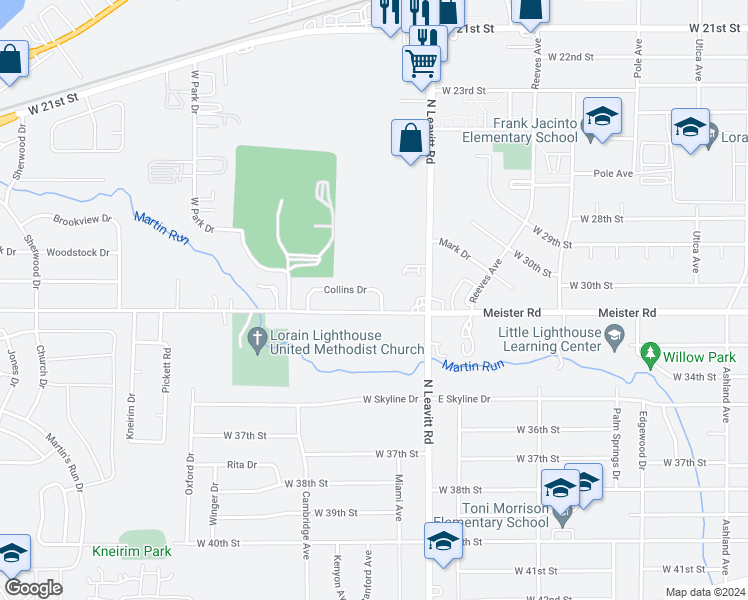 map of restaurants, bars, coffee shops, grocery stores, and more near 2552 Collins Drive in Lorain