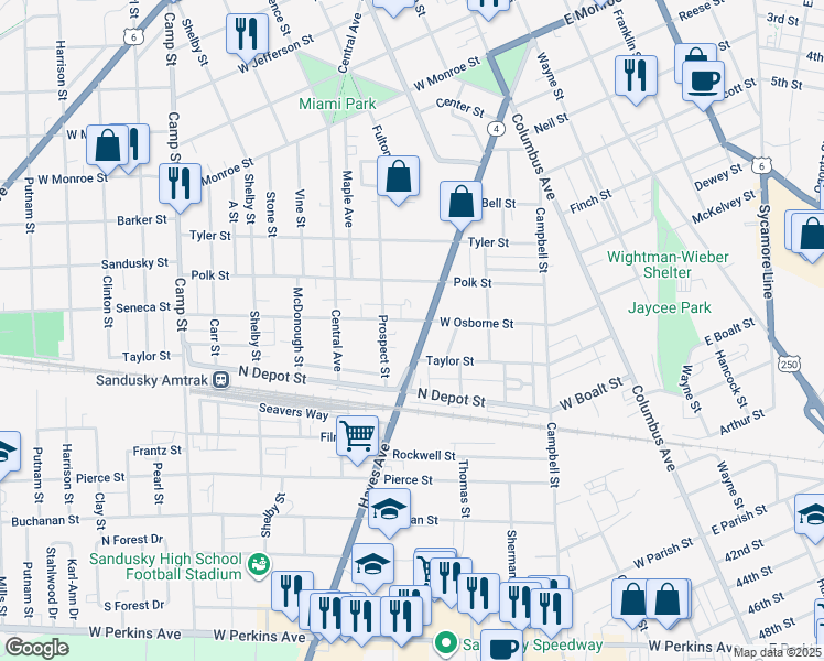 map of restaurants, bars, coffee shops, grocery stores, and more near 712 West Osborne Street in Sandusky